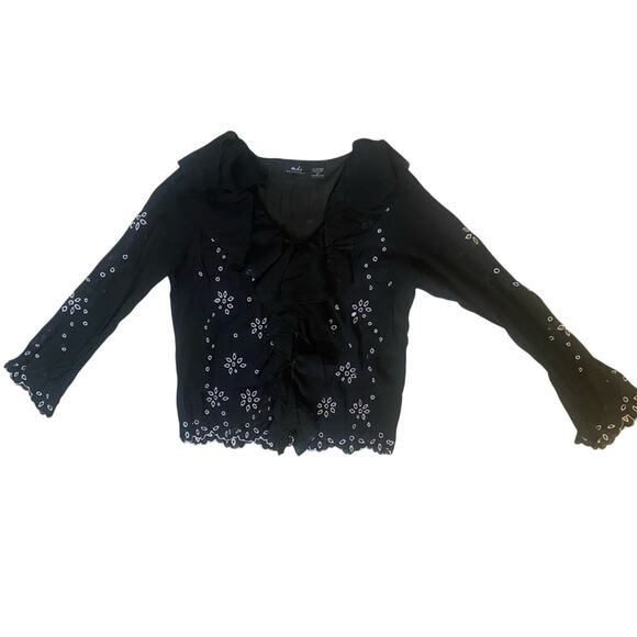 Womens Blouse Size Medium Whimsical Black White Lightweight Sheer Floral Shirt8 - Picture 3 of 10